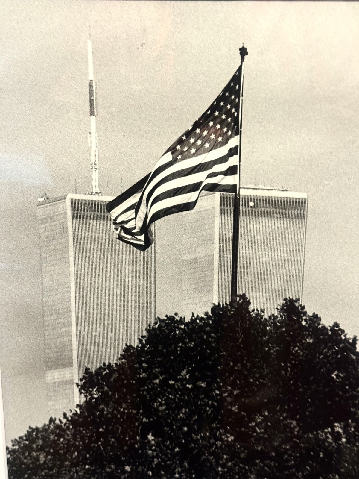 WTC Twin Towers & US Flag NYC Black & White Photo Print Custom Matted & Framed