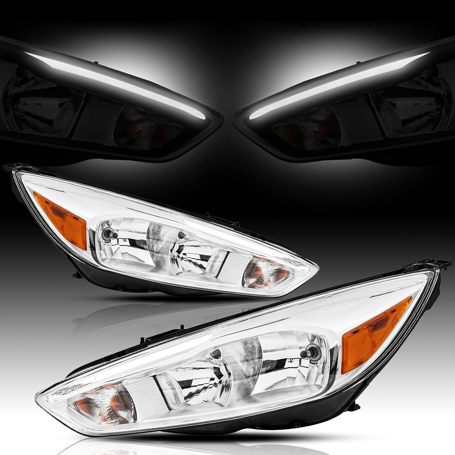 Headlights Assembly Compatible with 2015 2016 2017 2018 Ford Focus Halogen Model