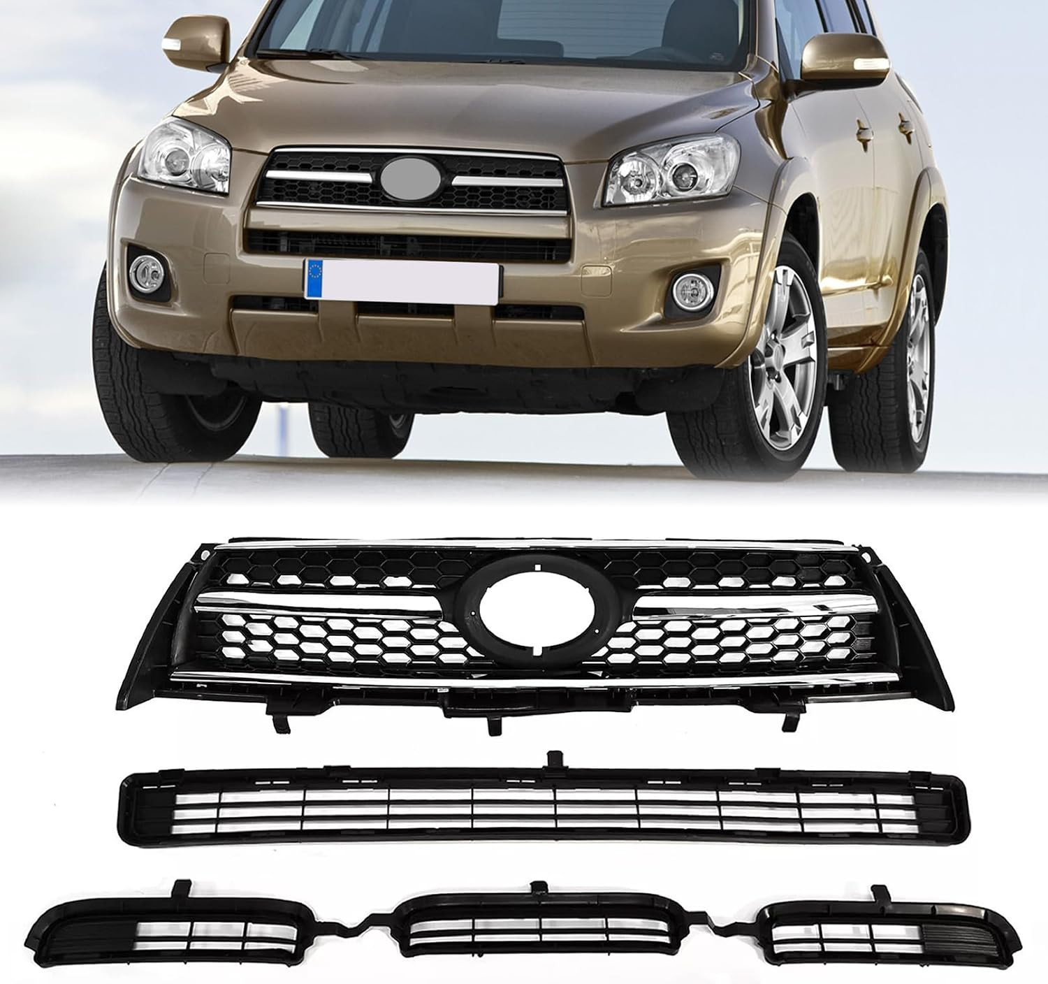 Front Upper & Lower Bumper Grille Grill Fit for 2009 2010 2011 2012 Toyota RAV4