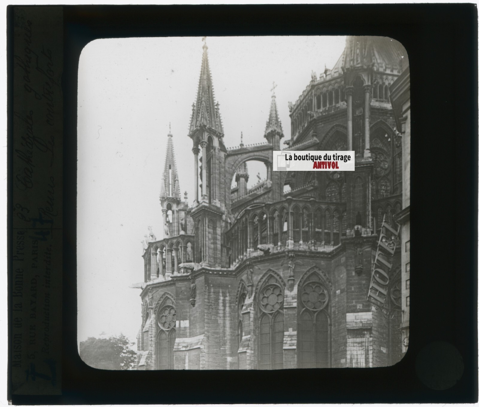 Reims Cathedral France, Photo Glass Plaque, Black & White, Positive 8.5×10 Cm