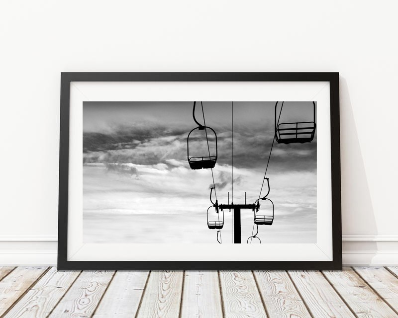 Silhouette Ski Lift Skiing Snowboard Black & White Photography Art Print